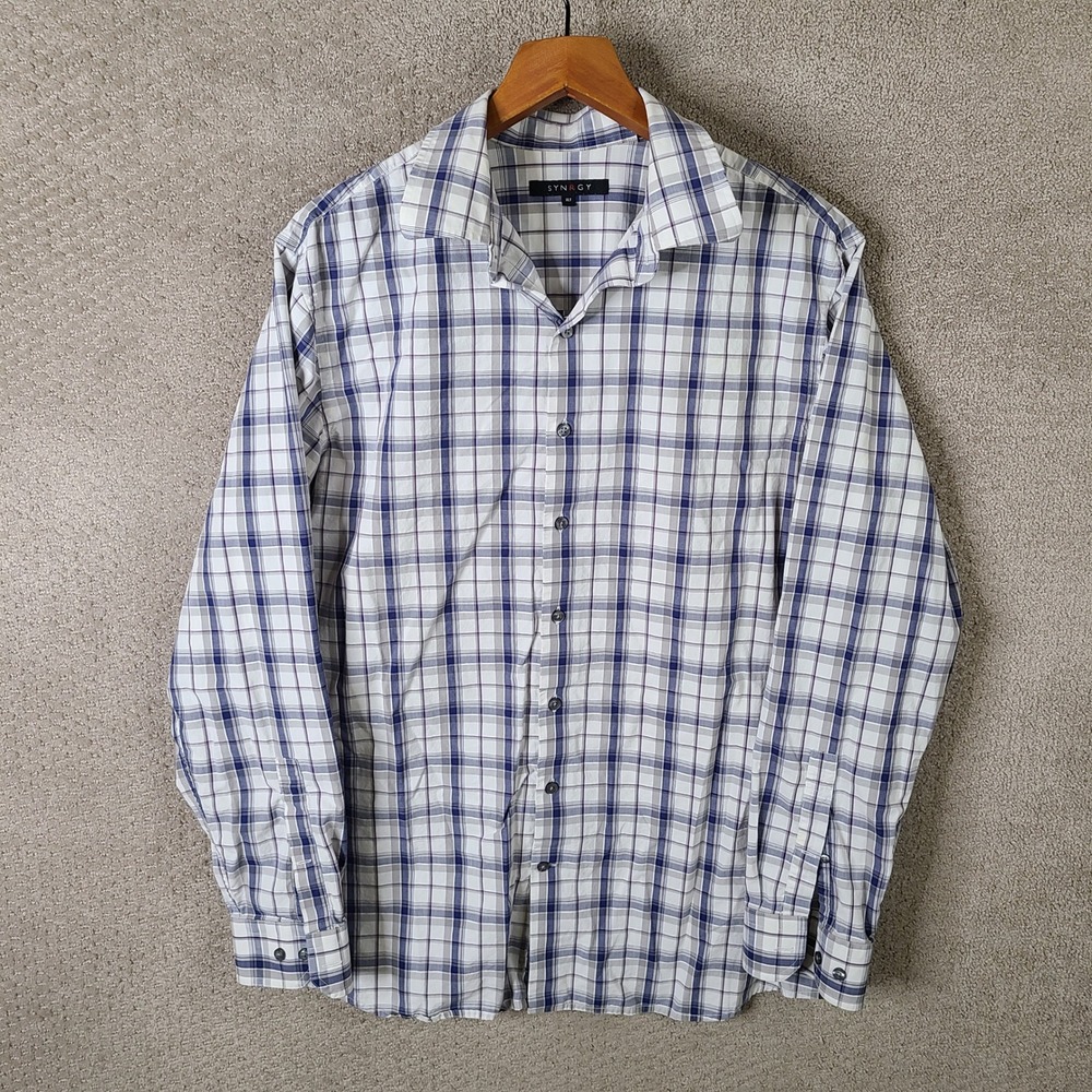 SYNRGY Shirt Mens XLT Blue Gray Plaid Long Sleeve Button Down‎ Cotton